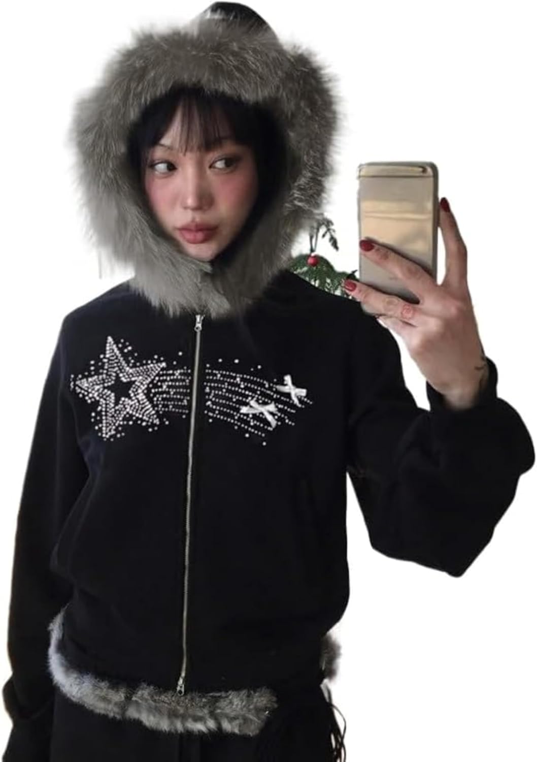 HOHOPEACH Y2k Zip Up Hoodie Fur Jackets Winter Coats Teen Emo